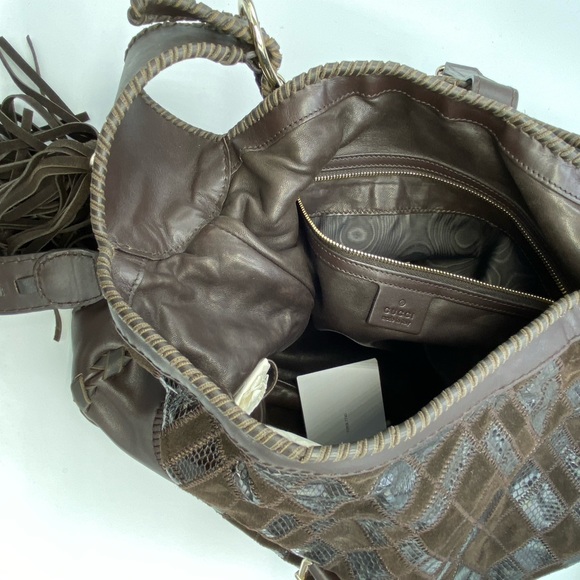 Gucci NEW JACKIE Brown ARGYLE Python Leather/Suede XL Shoulder Bag Bamboo Tangle - Picture 6 of 6